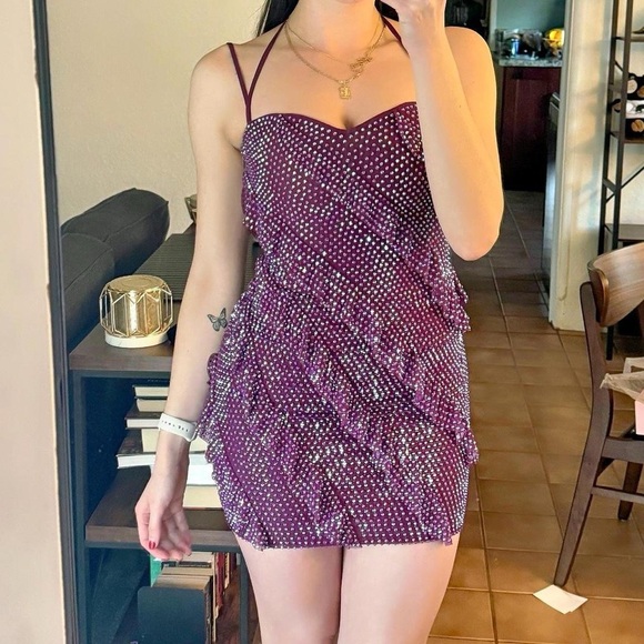 Embellished Oh Polly mini dress in purple with sequins and ruffles - Picture 3 of 6